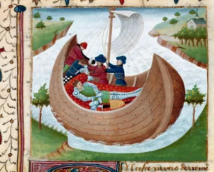 Pohřeb na moři Miniatura převzatá z románu „Romanesque du Chevalier Tristan““ od mistra Charlese z Maine 1440-1460. Chantilly, musee Conde - Mořský pohřeb rytíře kulatého stolu - Miniatura z římského du Chevalier Tristan od mistra Karla z Mainu
