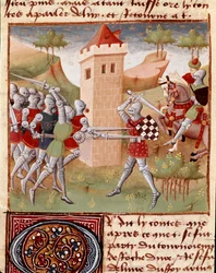 Miniatura bojujících rytířů Lancelot du Lac převzatá z „“Roman du Chevalier Tristan”” od mistra Charlese de Maine (verze Beroul). 1440-1460. Chantilly, muzeum Condé