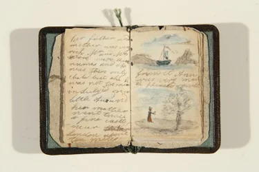Začátek příběhu „Byla jednou jedna malá holčička a jmenovala se Ane, kolem roku 1828 (pero, inkoust a akvarel na papíře)