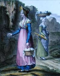Selské dívky z Lyonského kraje, deska 2 ze "Suite de Costumes", cca 1845 (barevná litografie)