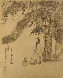 Příprava elixíru pod borovicí, dynastie Čching, 1651 (inkoust na zlatém papíře)