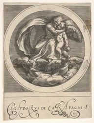 Jupiter, sedící nad dvěma orly a objímající Amora, kulatá kompozice ze série..., ca. 1590.