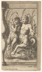 Dva objímající se tritoni, jeden hraje na píšťalu, druhý drží lasturu zasazenou do ..., 1579.