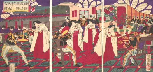 Ilustrace velitelů, kteří pacifikovali západní Japonsko, obdrželi císařovo G..., červenec 1877.