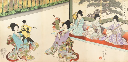 Dámy v čekání na hrad Chiyoda: Nácvik meče a loutkový kjógen, 1895., 1895.
