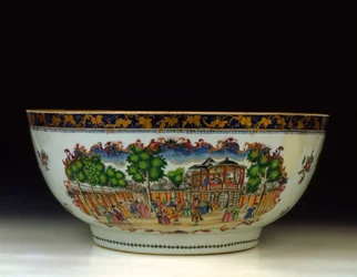 famille rose "Londýn" punč, s výhledem na Grand Walk, Vauxhall Gardens, cca 1750-1800