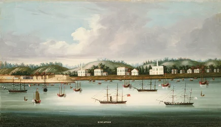 Pohled na Singapur ze silnic s americkou, francouzskou a britskou lodní dopravou, kolem roku 1850