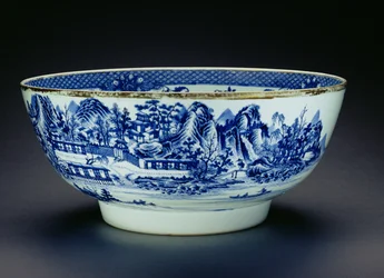 Modrobílá mísa zdobená výjevem znázorňujícím výrobu porcelánu (porcelánu) (viz 208012)