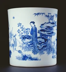 Modrobílý štětec namalovaný s dámou a chlapci hrajícími si na konících v zahradě, Chongzheng, 1630-44 (porcelán) (viz 205937)