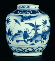 Modrá a bílá sklenice malovaná s chlapci hrajícími si na konících, Wanli nebo Chongzheng, 1600-30 (porcelán) (viz 206093, 206095, 206096)