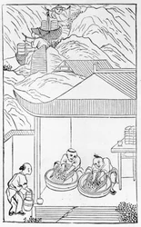 Sběr a praní modrého smaltu pro barvení, ze série ilustrací o výrobě porcelánu (viz 384116 a 384117 pro celou sérii).