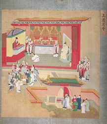 Císař Hui Tsung (r.1100-26) praktikující s buddhistickou sektou Tao-See, z Historie císařů Číny (barva na hedvábí)