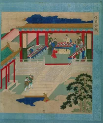 Císař Hui Tsung (r.1100-26) se účastní festivalu, při kterém se pije z poháru z drahých kamenů z historie čínských císařů (barva na hedvábí)