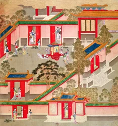 Císař Wu Ti (156-87, r.141-87 př.nl), opouštějící svůj palác, z historie čínských císařů (barva na hedvábí)