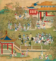 Císař Yang Ti (581-618) procházející se po zahradách se svými manželkami, z historie čínských císařů (barva na hedvábí) (viz také 176855)