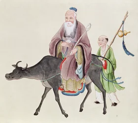 Lao-Tzu (asi 604-531) na svém buvolovi, následovaný žákem (wc na papíře)