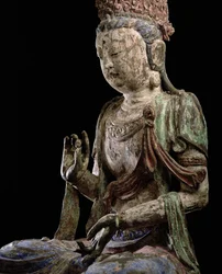 Velký sedící bódhisattva se zdviženýma rukama, dynastie Jin (1115-1234) (dřevo a pigment) (detail) (viz 206546)