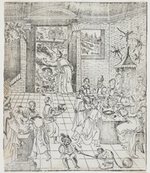 Lazarus v domě bohatého muže, deska od Giulio Alenis Tianzhu jiangsheng zhuxiang jingjie (Ilustrovaná historie Pána nebes, který se vtělil do těla), Jinjiang Church, Fu