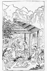 Výroba hrubých hliněných pouzder na porcelán v peci, ze série ilustrací výroby porcelánu (celá série viz 384116 a 384117).