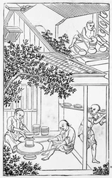 Tvarování a kladení na hrnčířském kruhu, ze série ilustrací o výrobě porcelánu (celá série viz 384116 a 384117).