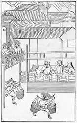Balení a přeprava hotových výrobků, ze série ilustrací o výrobě porcelánu (celá série viz 384116 a 384117).