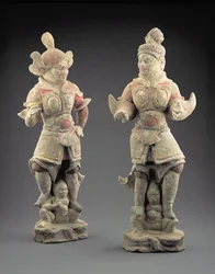Pár figurek Lokapala, dynastie Tang (618-907) (hliněné zboží)