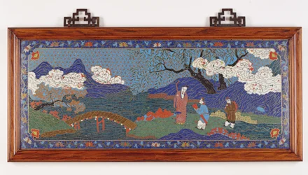 Panel zobrazující čínskou krajinu, dynastii Ming (smalt Cloisonne)