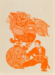 Papercut zobrazující lví tanec (řezaný papír)