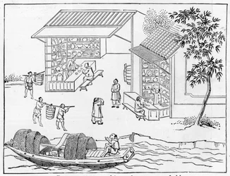 Porcelánové obchody a lodě pro přepravu porcelánu, ze série ilustrací o výrobě porcelánu (viz 384116 & 384117 pro celou sérii)