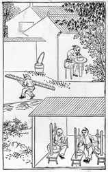 Tmelení barev, ze série ilustrací o výrobě porcelánu (viz 384116 a 384117 pro celou sérii)