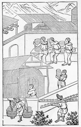 Výjev z činnosti v porcelánce, ze série ilustrací o výrobě porcelánu (viz 384116 a 384117 pro celou sérii).