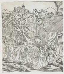 Klanění Krista, talíř od Giulio Alenis Tianzhu jiangsheng zhuxiang jingjie (Ilustrovaná historie Pána nebes, který se vtělil do těla), kostel Jinjiang, provincie Fujian