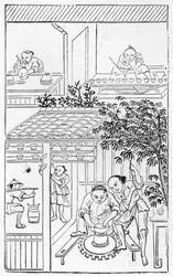 Soustružnická umyvadla ze série ilustrací o výrobě porcelánu (viz 384116 a 384117 pro celou sérii)