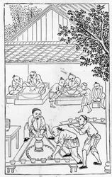 Soustružené poháry, ze série ilustrací o výrobě porcelánu (viz 384116 a 384117 pro celou sérii)