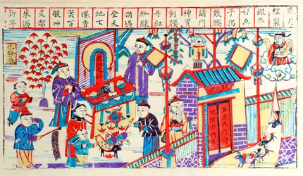 Woodblock tisk zobrazující činnost čínské domácnosti během festivalu (woodblock tisk na papíře)