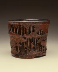 Velký štětec se sedmi mudrci z Bamboo Grove při jejich literárních pronásledováních v bambusovém lese, období Kang-hsi (1662–1722), dynastie Ching (vyřezávaný bambus)