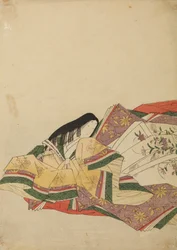 Sedící dvorní dáma, obrácená vlevo, list z alba: Nishiki-zuri onna sanju rokkasen e-zukushi