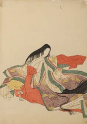 Sedící dvorní dáma, obrácená vlevo, list z alba: Nishiki-zuri onna sanju rokkasen e-zukushi