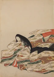 Sedící dvorní dáma, obrácená doleva, list z alba: Nishiki-zuri onna sanjū rokkasen e-zukushi