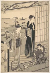 Genji ve vyhnanství v Sumě, ze série Genji v módním moderním převleku (Fūryū yatsushi Genji: Suma)