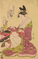 Oiran Hanaogi z domu Ogi-ya, ze série: Šest básní o kráskách z Joši wary zobrazených jako květiny / Seiro bijin rokkasen