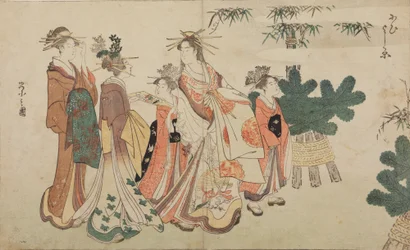 Oiran během novoroční procházky, obklopená dvěma shinzo a dvěma kamuro