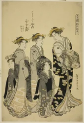 Kurtizána Hinazuru z Chojiya se svými průvodci, ze seriálu „Edo Purple in the Pleasure Quarters (Seiro Edo murasaki)“