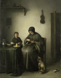 Žena krájející chléb, asi 1800-1823 (olej na desce)