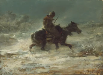Muž s Lancem na koni sněhem, c. 1880.