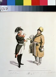 Seriál o moskevských obchodníkech: prodejce sbiten. Prodejce Sbiten (ze série Moskevští obchodníci). Kresba Christian Gottfried Heinrich Geissler (1770-1844)