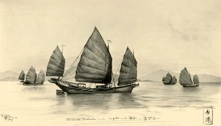 Čínské džunky u vjezdu do hongkongského přístavu, 1898.