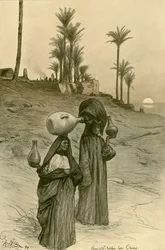 Ženy nesoucí hrnce s vodou na březích Nilu, Káhira, Egypt, 1898.