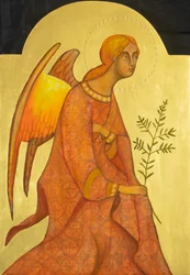 Archanděl Gabriel, 2019 (vaječná tempera, plátkové zlato, dřevo)