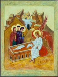 Ženy u hrobky, 2008 (vaječná tempera na dřevě, plátkové zlato)